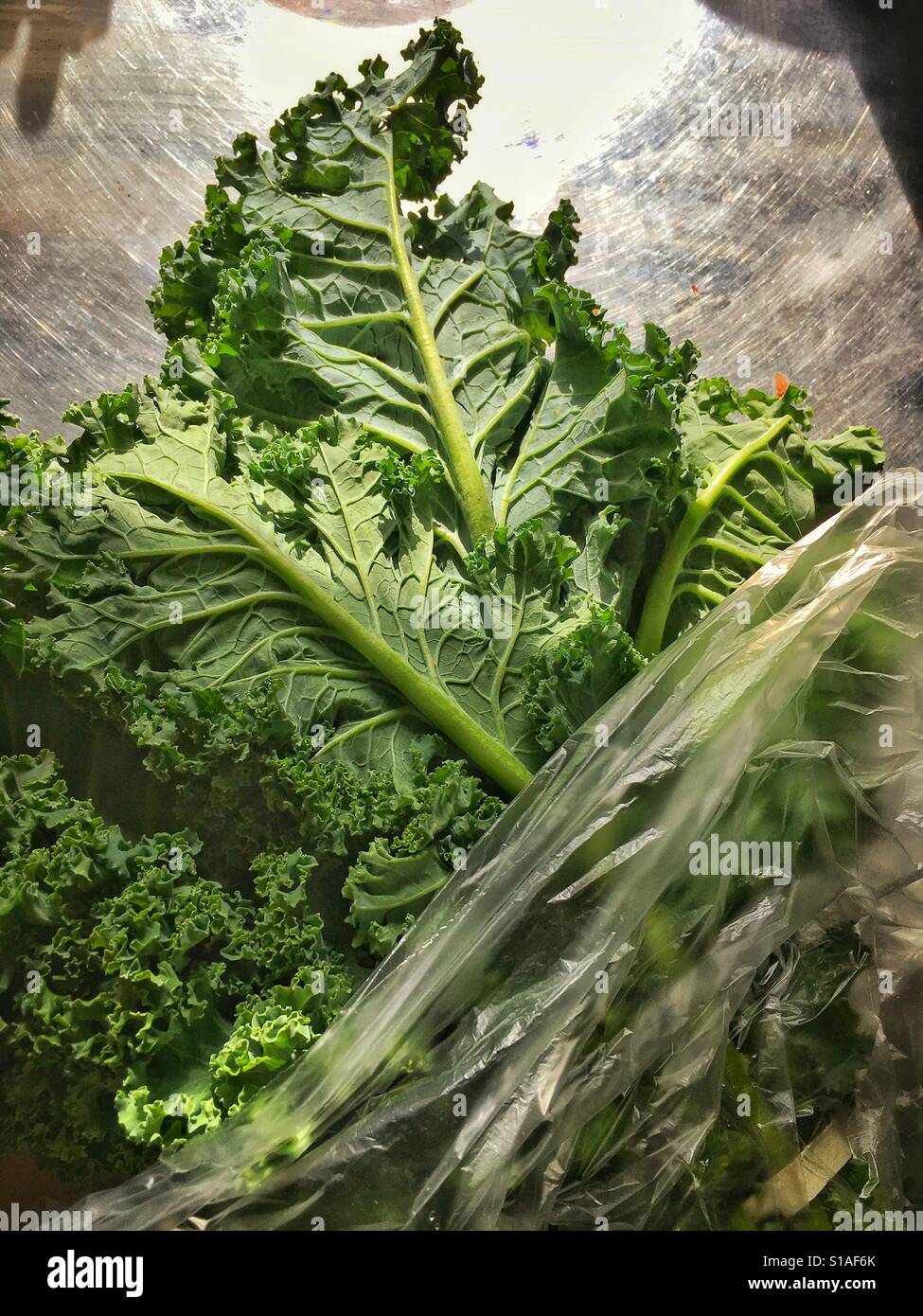 Kale sul tavolo in cucina in un sacchetto di plastica - Immagine stock catturata con smartphone