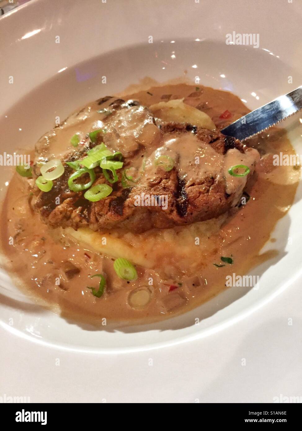 Il filetto mignon steak guarnita con un vino rosso di funghi salsa di panna e servito con purè di patate nel raffinato ristorante di lusso, NYC, STATI UNITI D'AMERICA Foto Stock