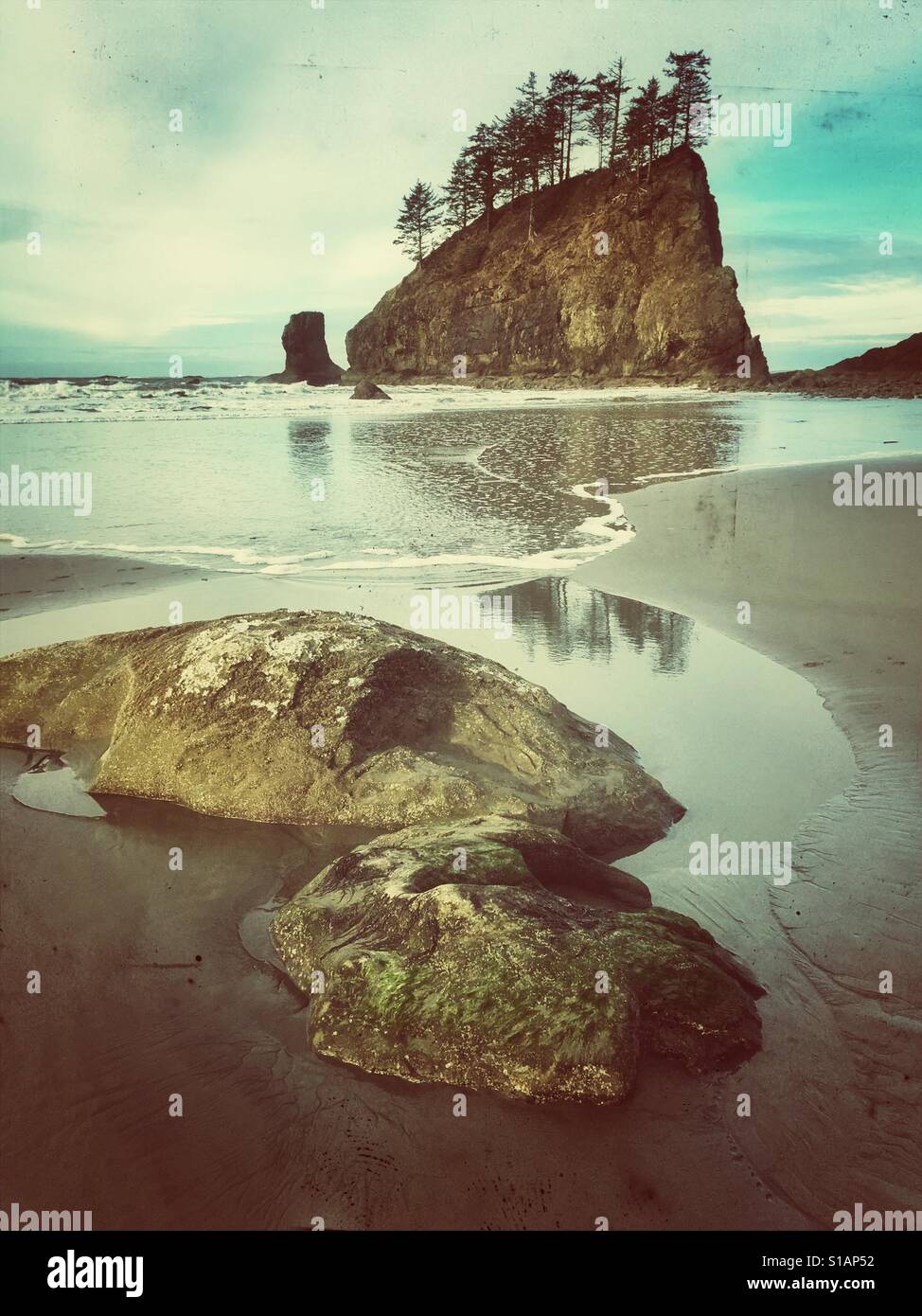 Il più grande dei Quillayute aghi, un seastack chiamati a piangere Lady Rock sta di guardia a seconda spiaggia nel Parco Nazionale di Olympic, Washington. Foto Stock