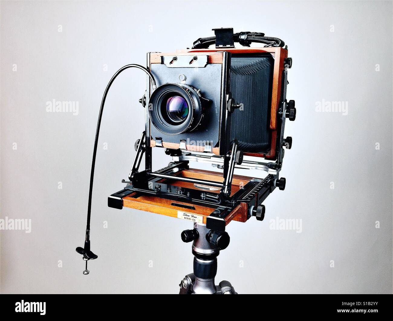 Grande formato telecamera analogica sul cavalletto, sfondo bianco Foto Stock