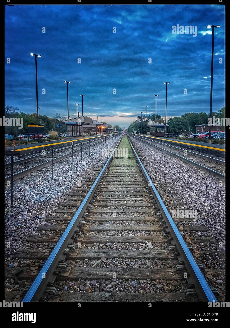 I binari della ferrovia con erba crescente tra le rotaie Foto Stock