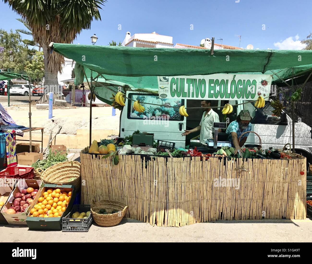 Un organico di produrre stallo a un mercato spagnolo a Nerja, Andalusia, Spagna. Foto Stock