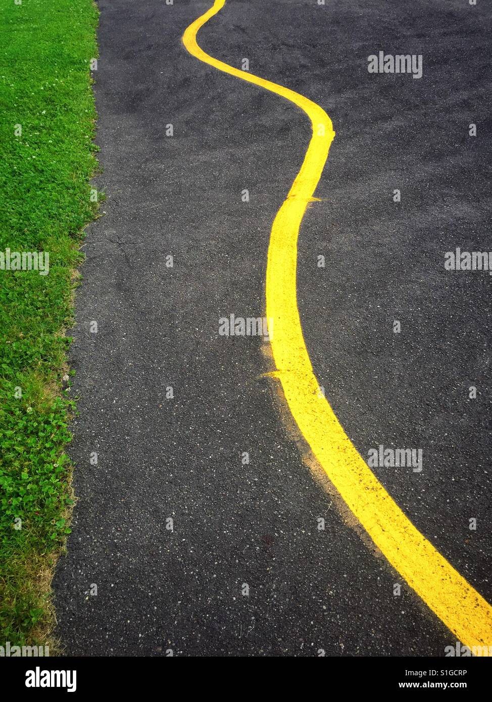 Un giallo linea curva dipinta su asfalto con un confine di erba verde Foto Stock