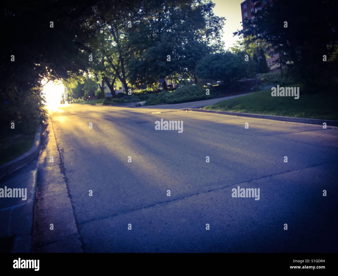 Prima luce. Il sole splendo, come una palla di fuoco, inaugurò una nuova giornata. Ontario, Canada - Immagine stock catturata con smartphone