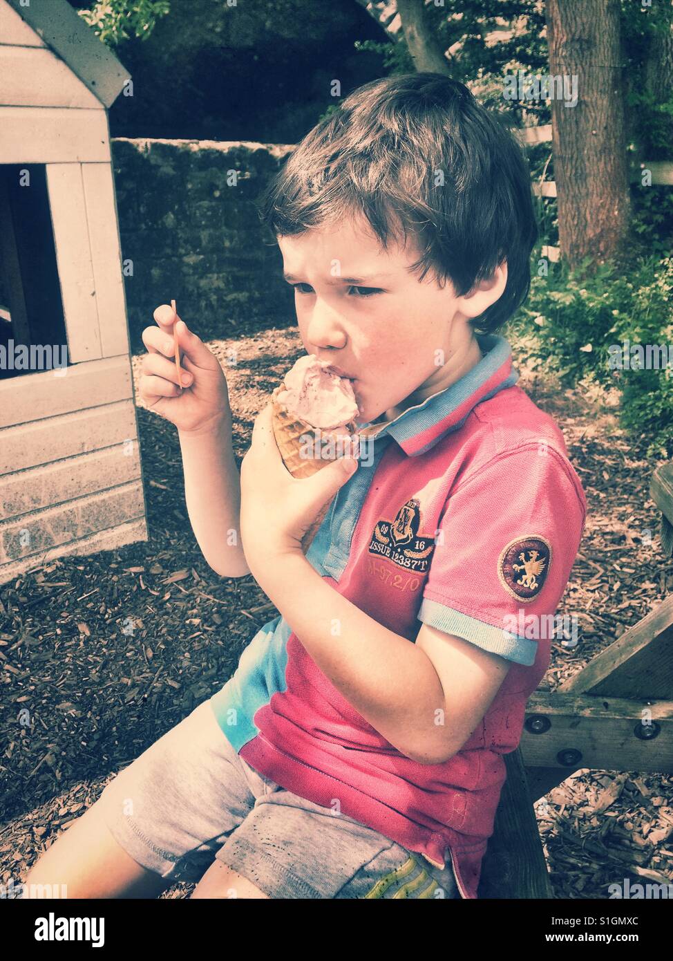 5 anno vecchio ragazzo a mangiare il gelato Foto Stock