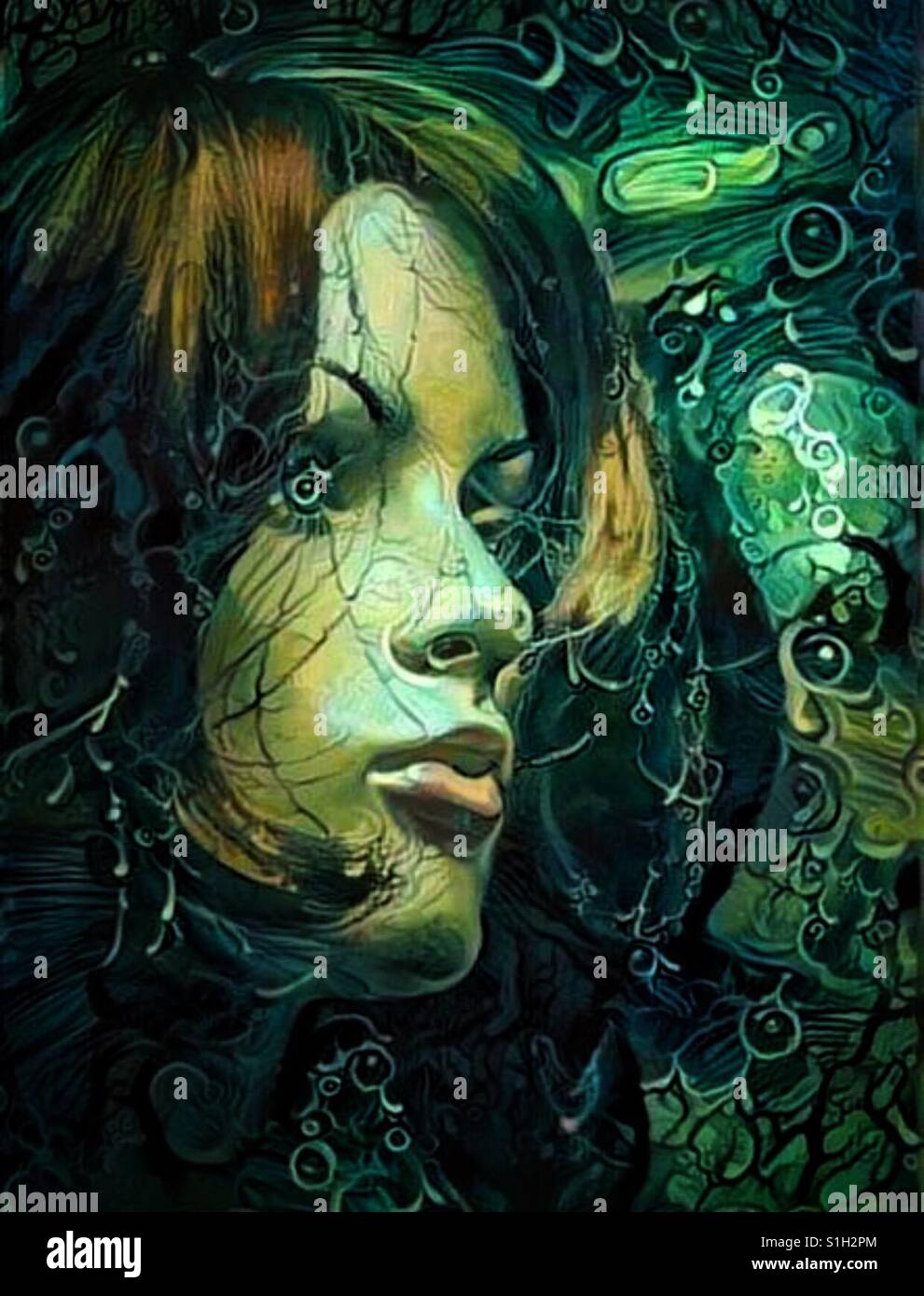 Un abstract artwork digitale del volto di un manichino femmina Foto Stock