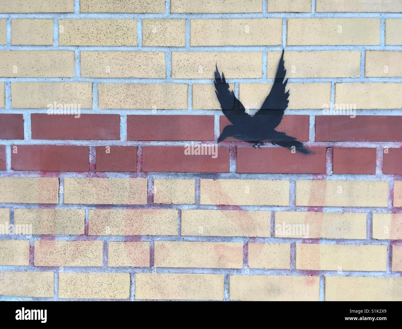 Stencil nero graffiti di un uccello in volo su un muro di mattoni a Bremen, Germania Foto Stock