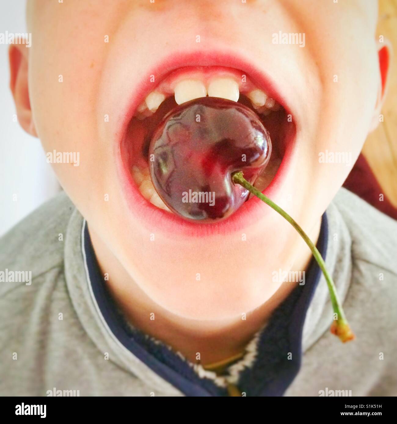 Bambino di otto anni tenendo un grande amarena tra i suoi denti. Foto Stock