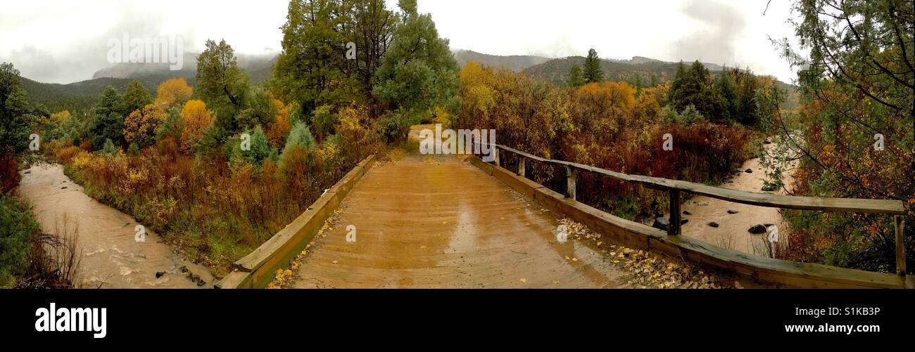 La pioggia sul ponte che attraversa il fiume Jemez, Nuovo Messico, US Foto Stock