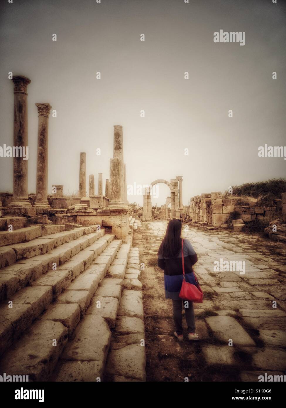 Prese al sito archeologico di Leptis Magna Foto Stock