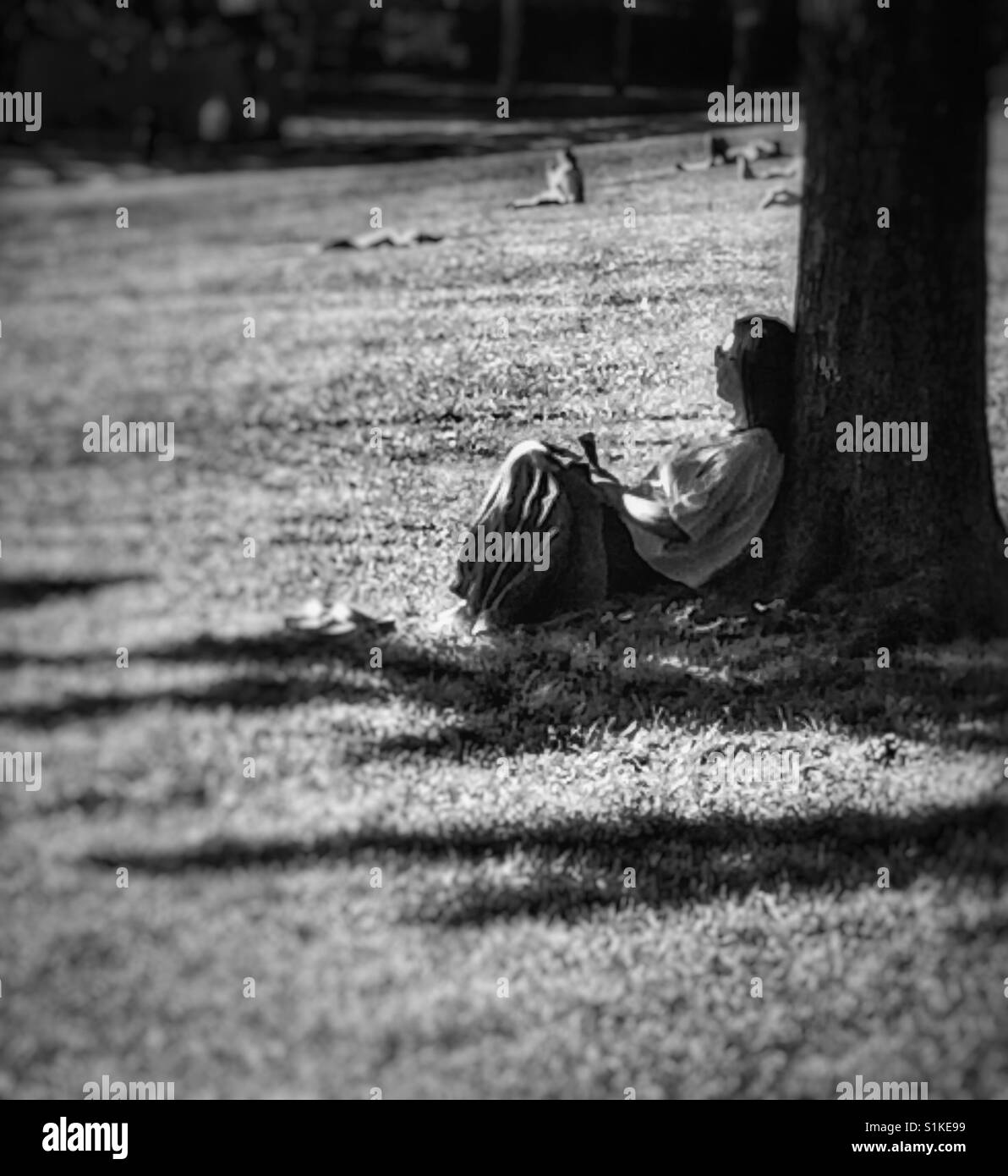 In bianco e nero di una donna appoggiata contro un albero sul prato di un parco. Foto Stock