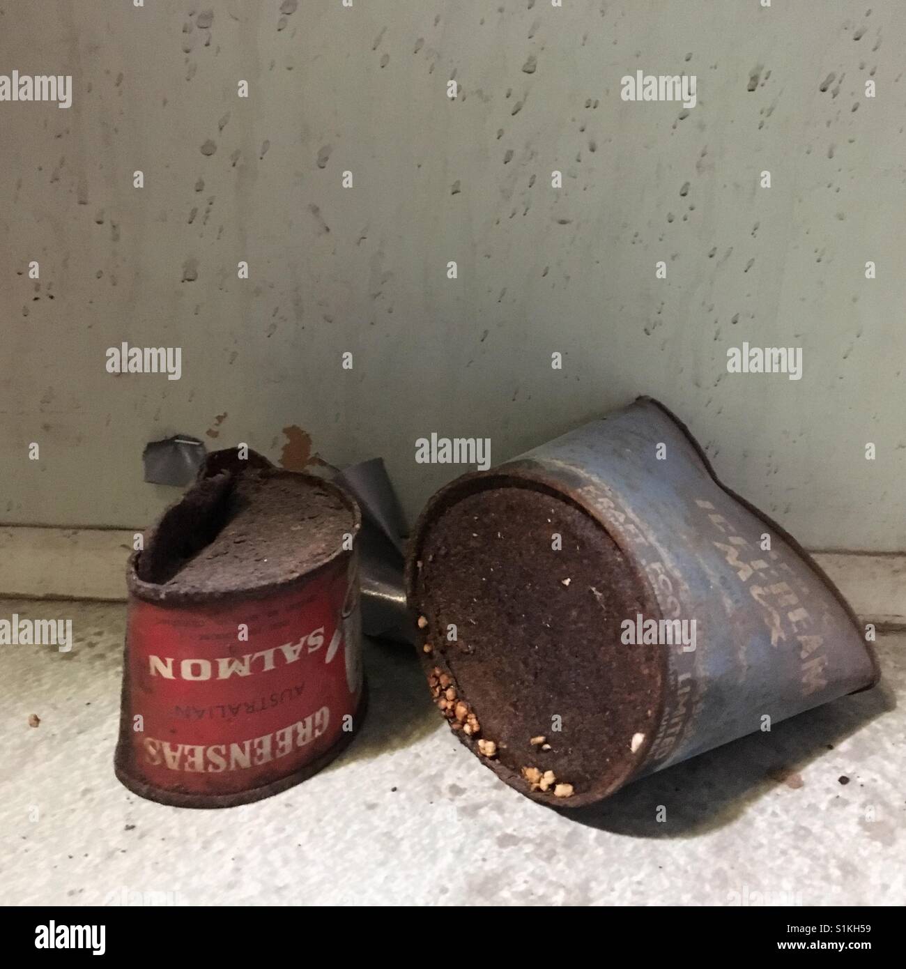 Vuoto vecchio arrugginito scatolette di cibo Foto Stock