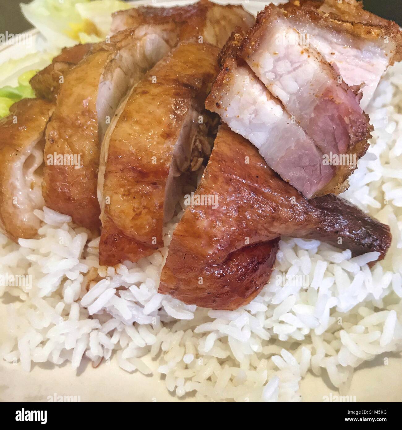 Anatra arrosto cantonese e riso croccante con pancia di maiale Foto Stock