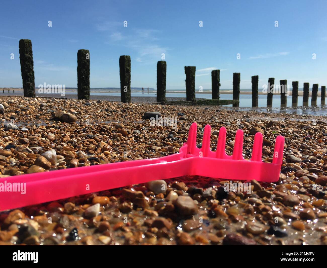 Bambini prendere rosa toy sulla spiaggia Foto Stock