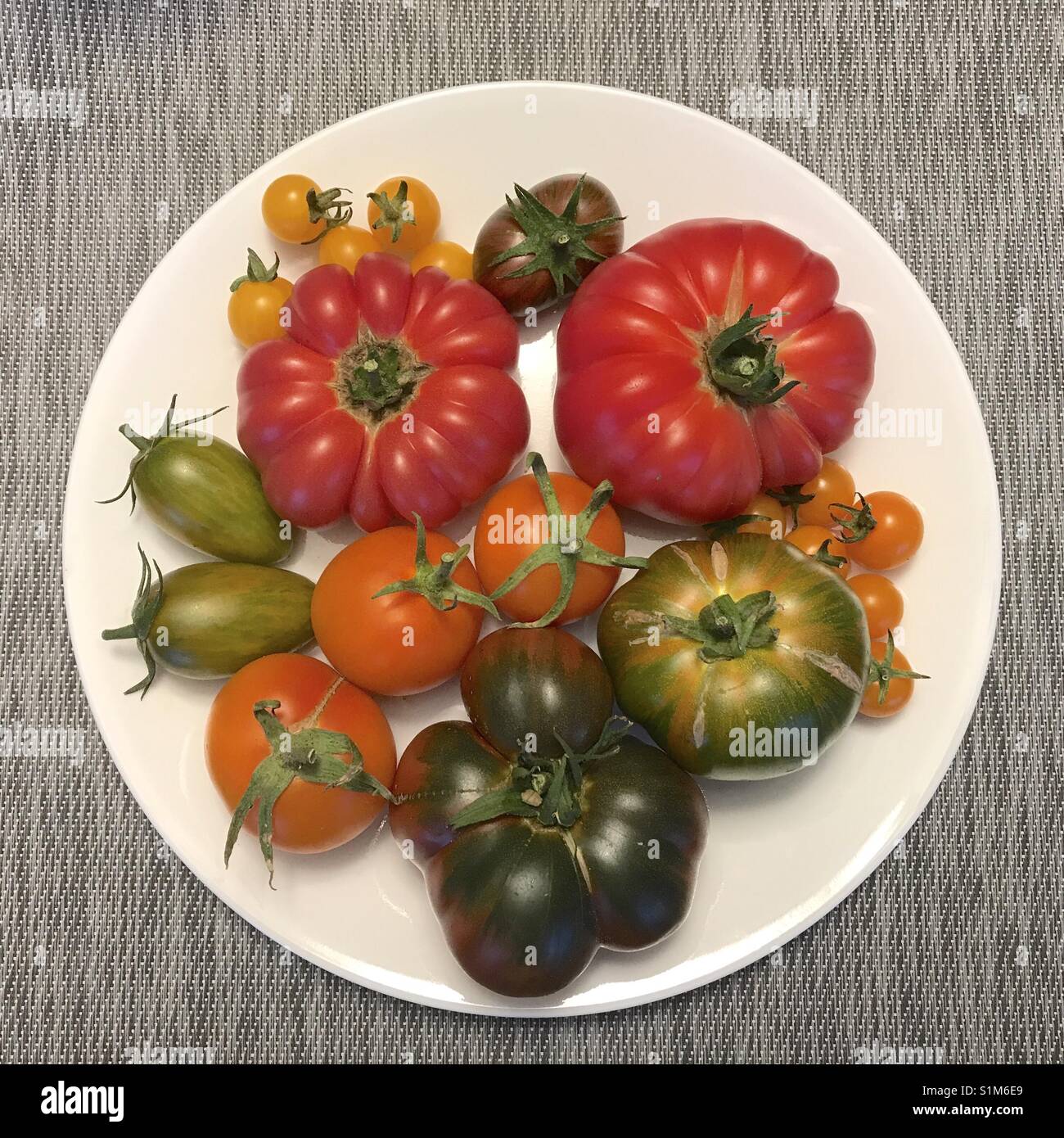 Estate raccolto, cimelio di pomodori di molte varietà - Immagine stock catturata con smartphone