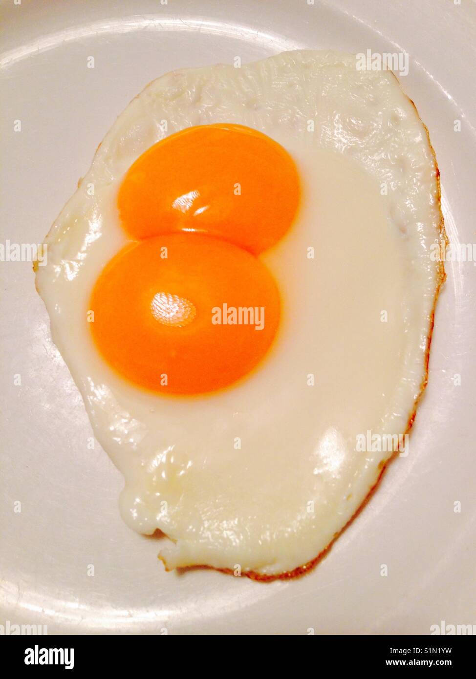 Doppio yolked uovo fritto, sunnyside up e su una piastra e pronto per servire. Foto Stock