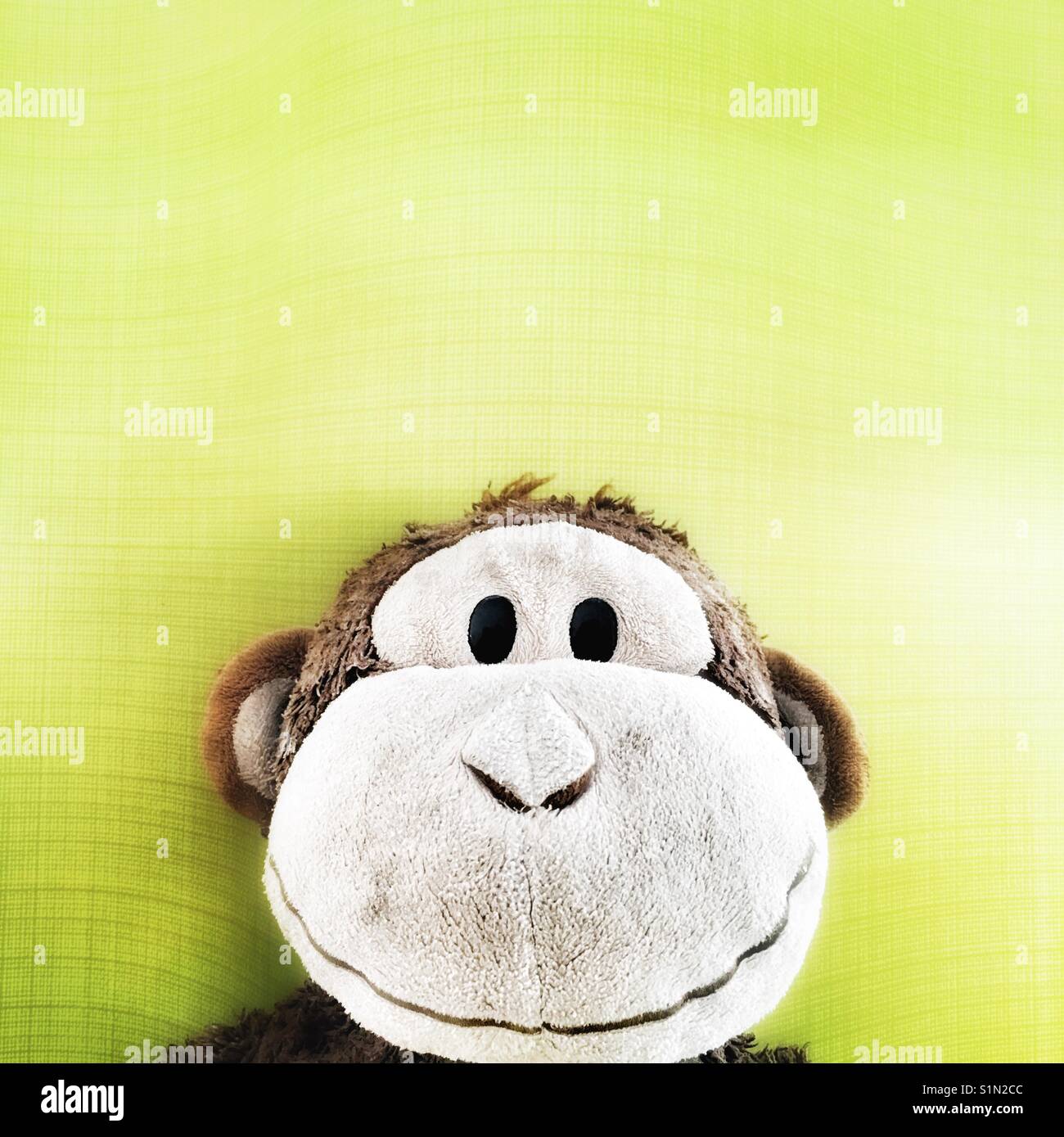 Scimmia sorridente giocattolo morbido contro un giallo sfondo testurizzata Foto Stock