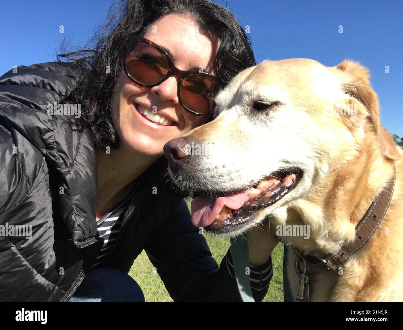 Donna con il suo labrador retriever cane Foto Stock