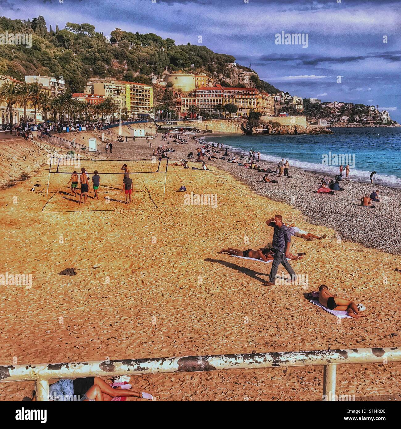 Vista sulla spiaggia di Nizza, Francia. Foto Stock