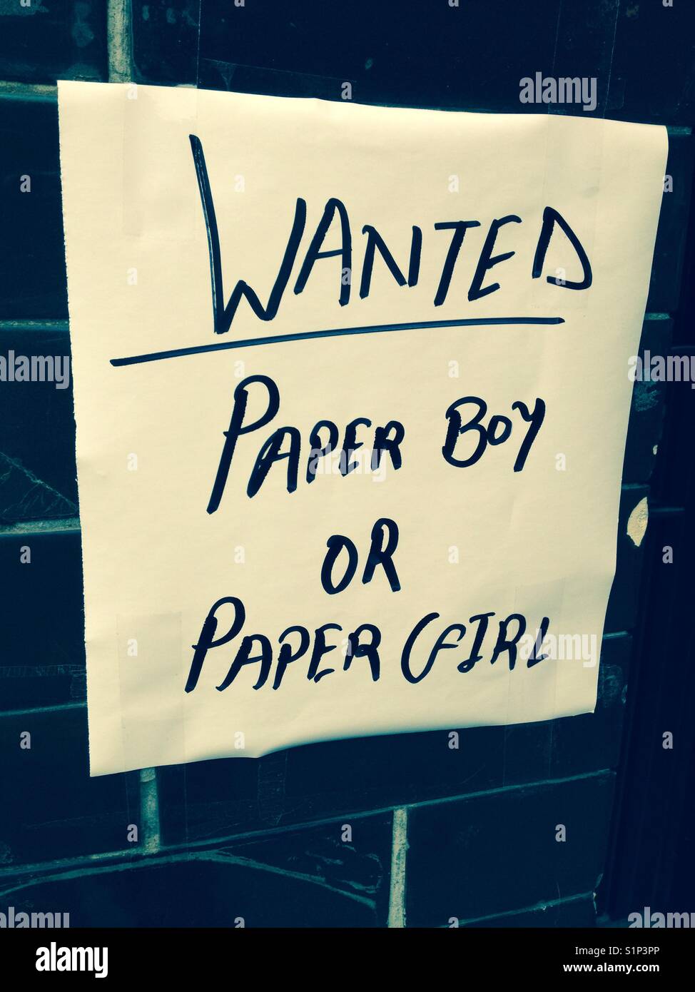 Posto di lavoro vacante annuncio (per un paperboy o una carta ragazza). Foto Stock