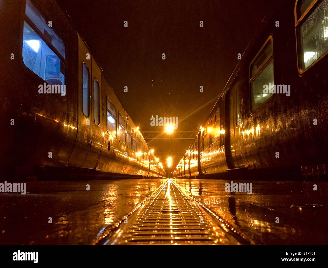 Vista prospettica di 2 treni in sosta durante la notte in un deposito, in una notte umida. Ripresa dal livello piattaforma. Foto Stock