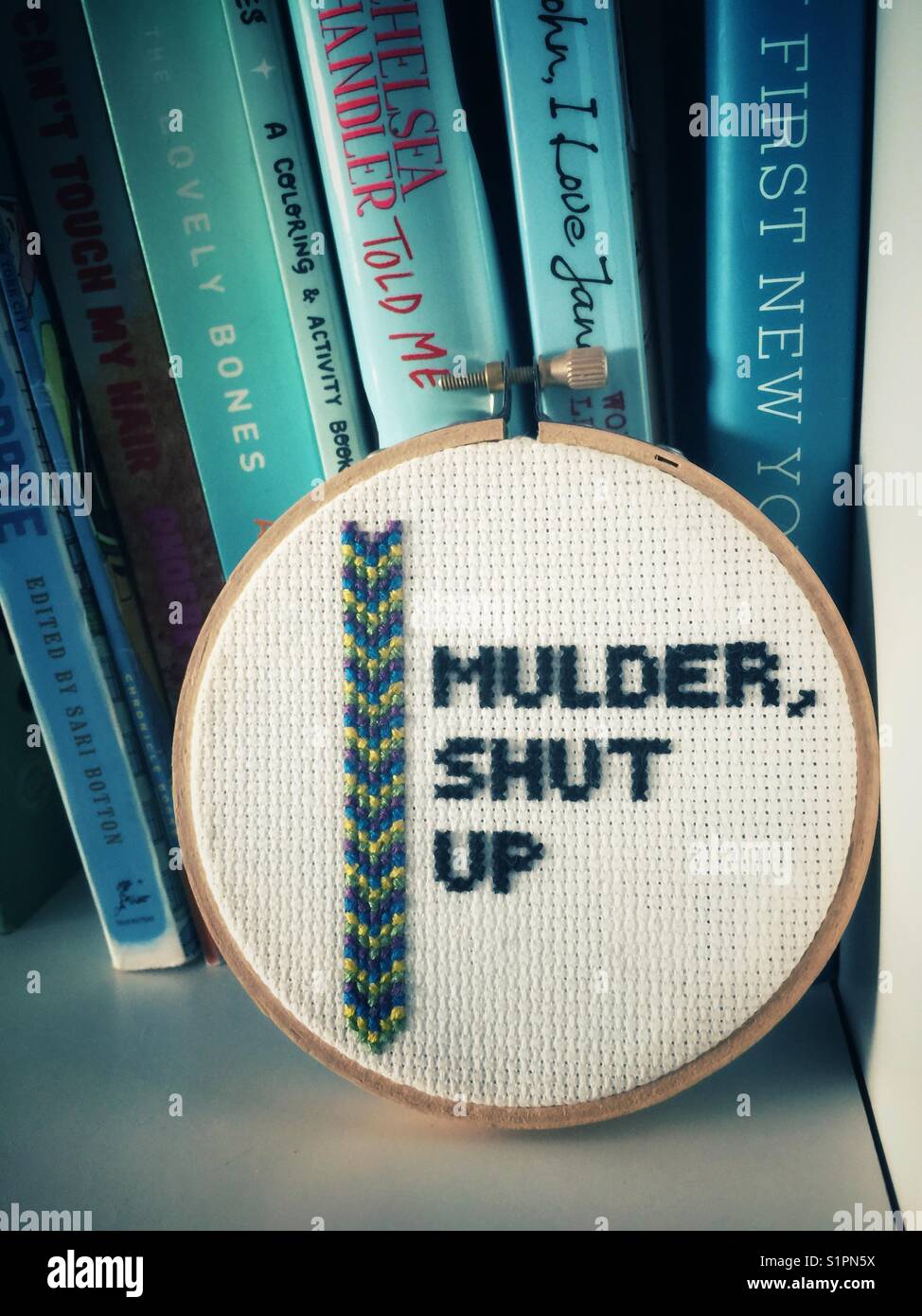Un round contati a croce su uno scaffale che dice "Mulder shut up". Un riferimento per i X-Files show televisivo - Immagine stock catturata con smartphone