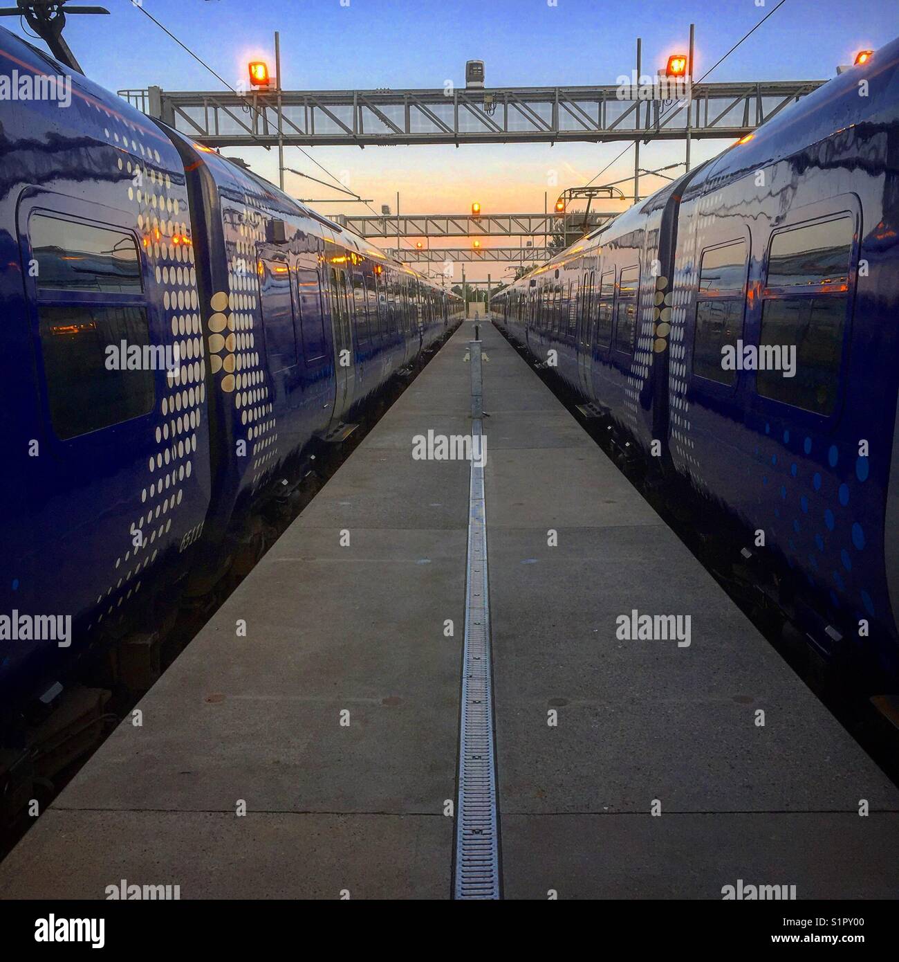 Vista prospettica di due treni Scotrail parcheggiati in un deposito di sunrise. Foto Stock