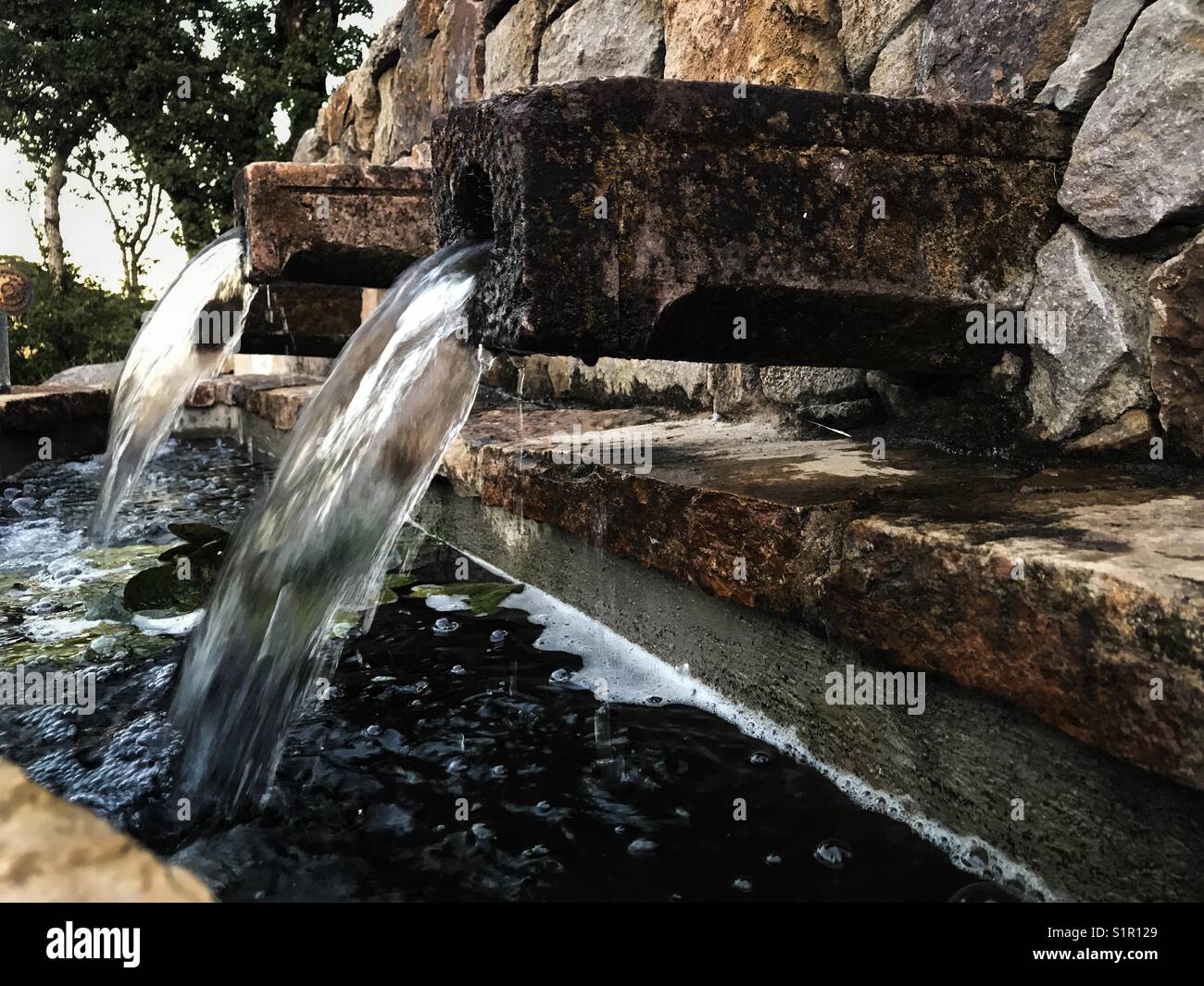 Beccucci di pietra in una fontana di roccia Foto Stock