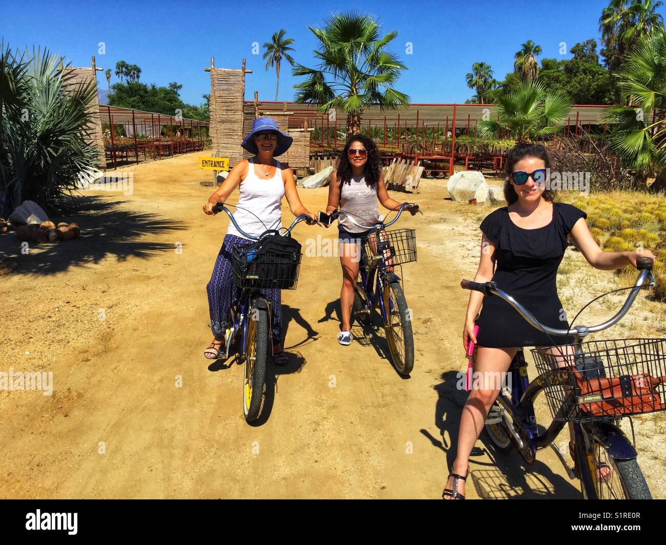 Le tre donne in un tour in bicicletta attraverso Wirikuta giardino, un cactus vivaio in Puerto Los Cabos, Messico. Foto Stock