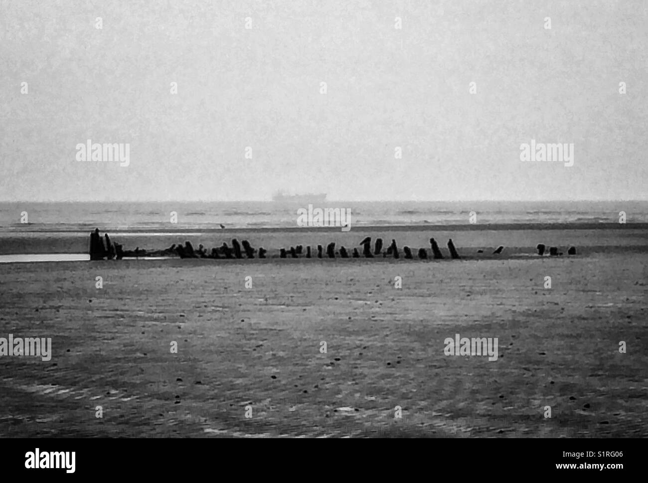 Naufragio sulla spiaggia con la nave portacontainer nel terreno indietro Foto Stock