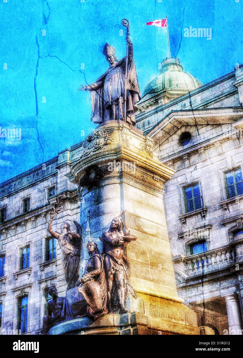 1908 Monumento a François de Laval il primo vescovo cattolico di Quebec Quebec City, in Canada - Immagine stock catturata con smartphone
