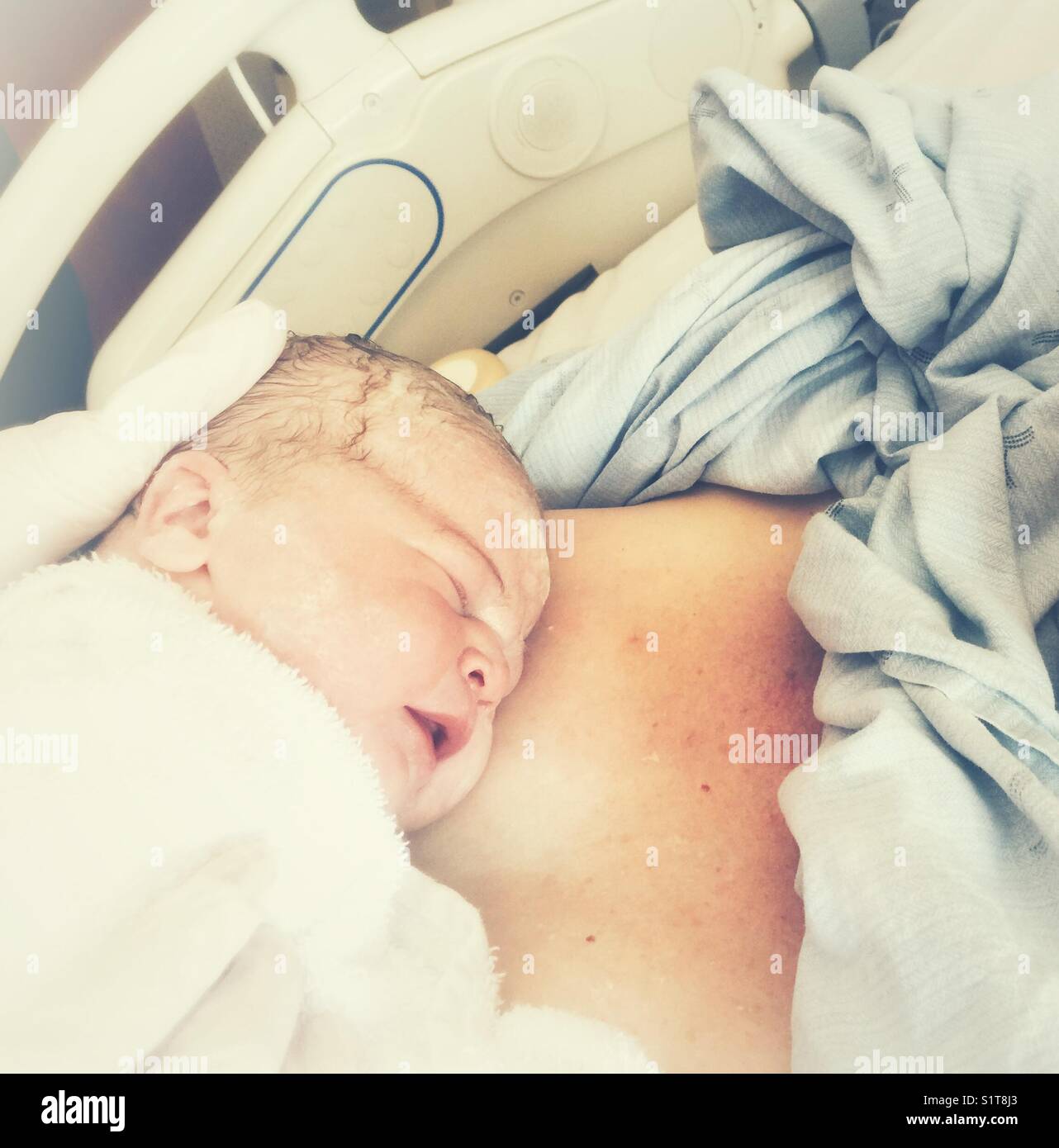 Neonato essendo posto su madre al torace immediatamente dopo la nascita in ospedale Foto Stock