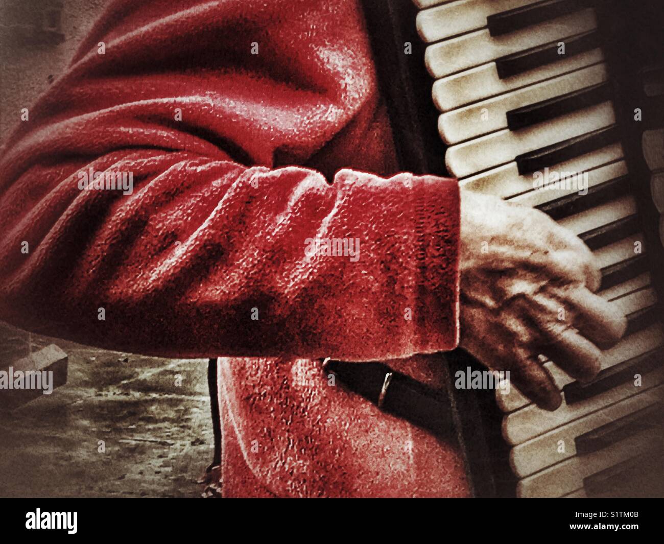 Musicista Folk, suonando una fisarmonica a piano ravvicinato della mano destra sulle chiavi. Il Dorset, Inghilterra - Immagine stock catturata con smartphone
