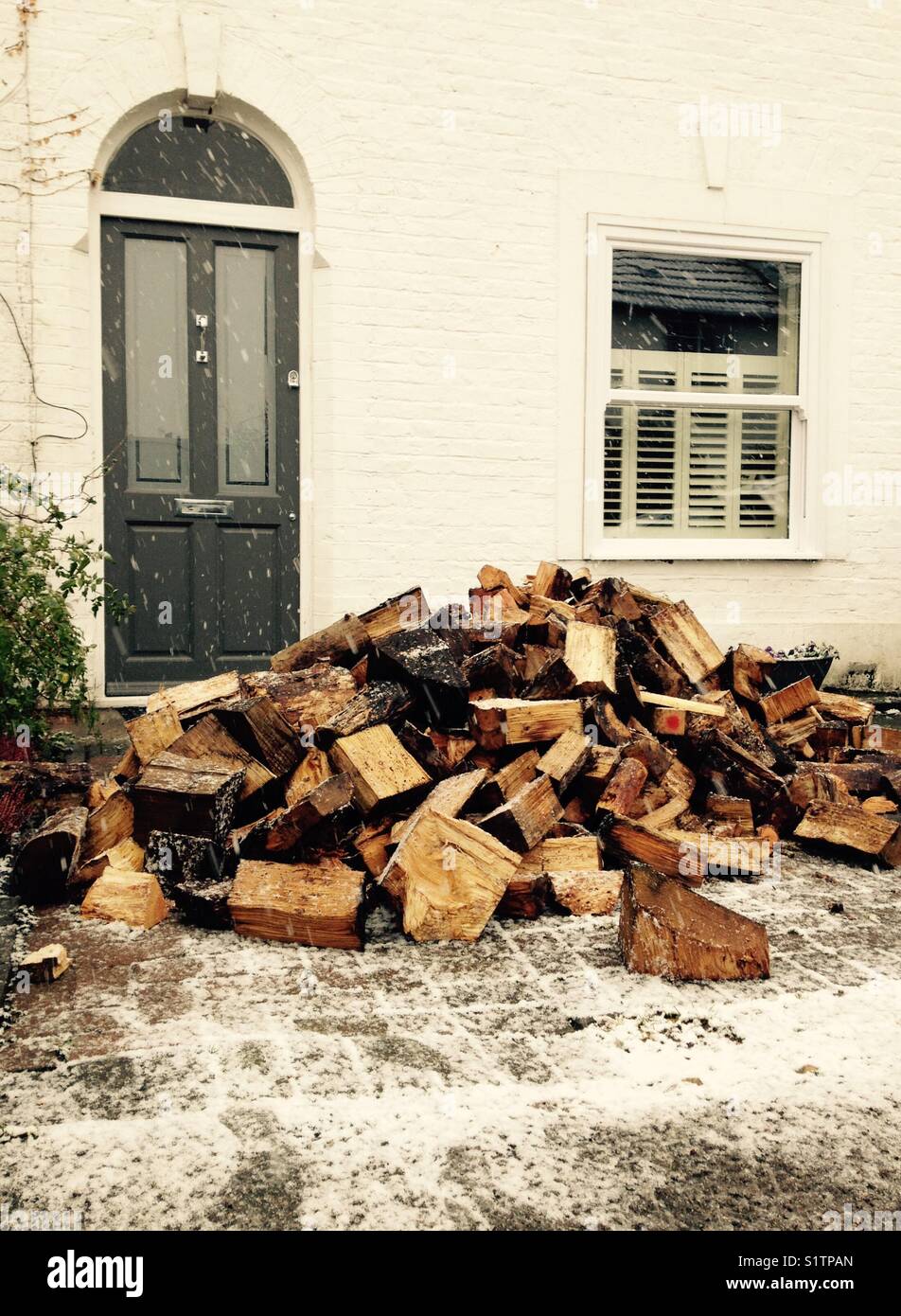Pila o catasta di legna da ardere ha recentemente consegnato a Londra casa suburbana. Londra. Regno Unito. Foto Stock