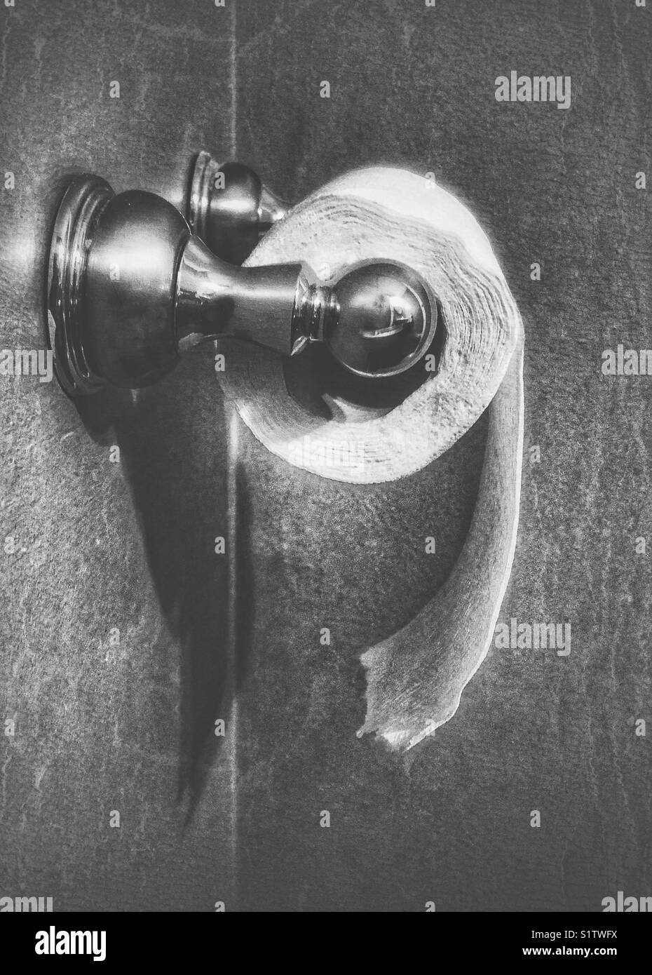 Rotolo di carta igienica carta su un ottone e wc in metallo porta rotolo in bianco e nero Foto Stock