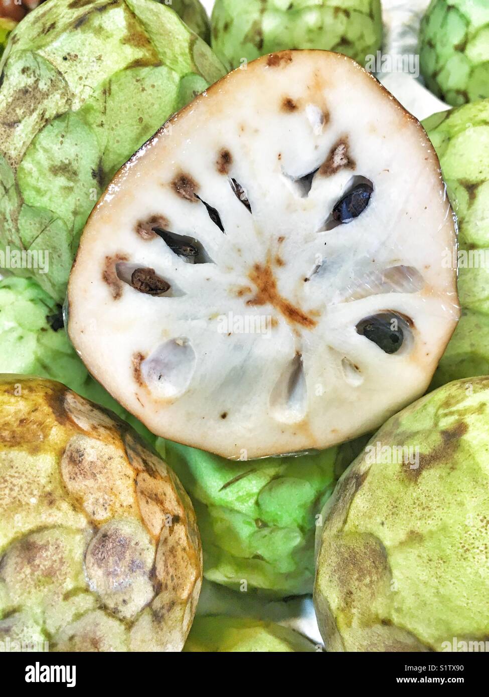 Anone, frutti tropicali sul mercato, Malaga, Spagna Foto Stock