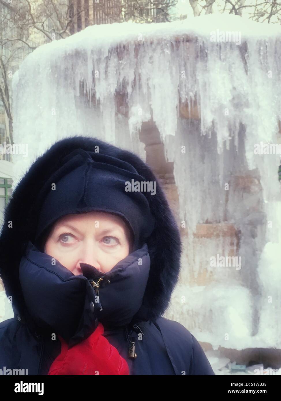Senior donna bundled fino contro il freddo nel ciclone bomba blizzard, gennaio 2018, New York City Foto Stock