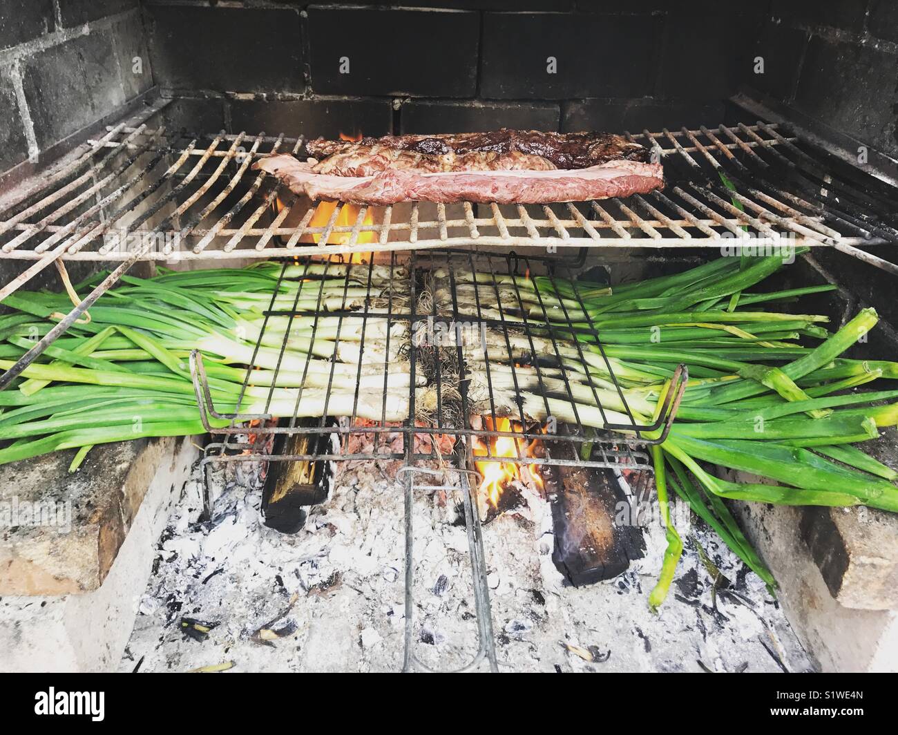 Calçots e carne in un barbecue. Barcelona, Spagna Foto Stock