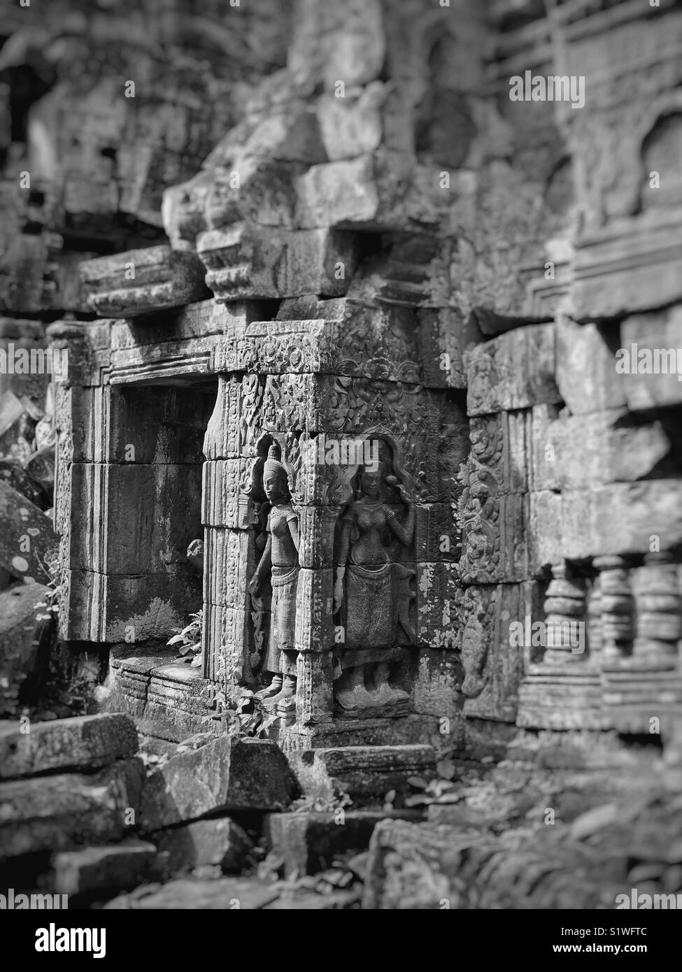 Il carving al tempio in Cambogia Foto Stock