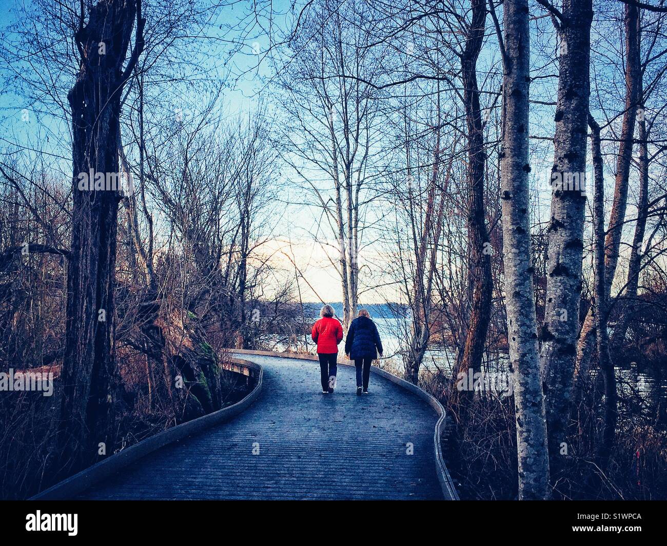 Due donne a piedi su un percorso verso il lago Sammamish, Issaquah, nello stato di Washington Foto Stock
