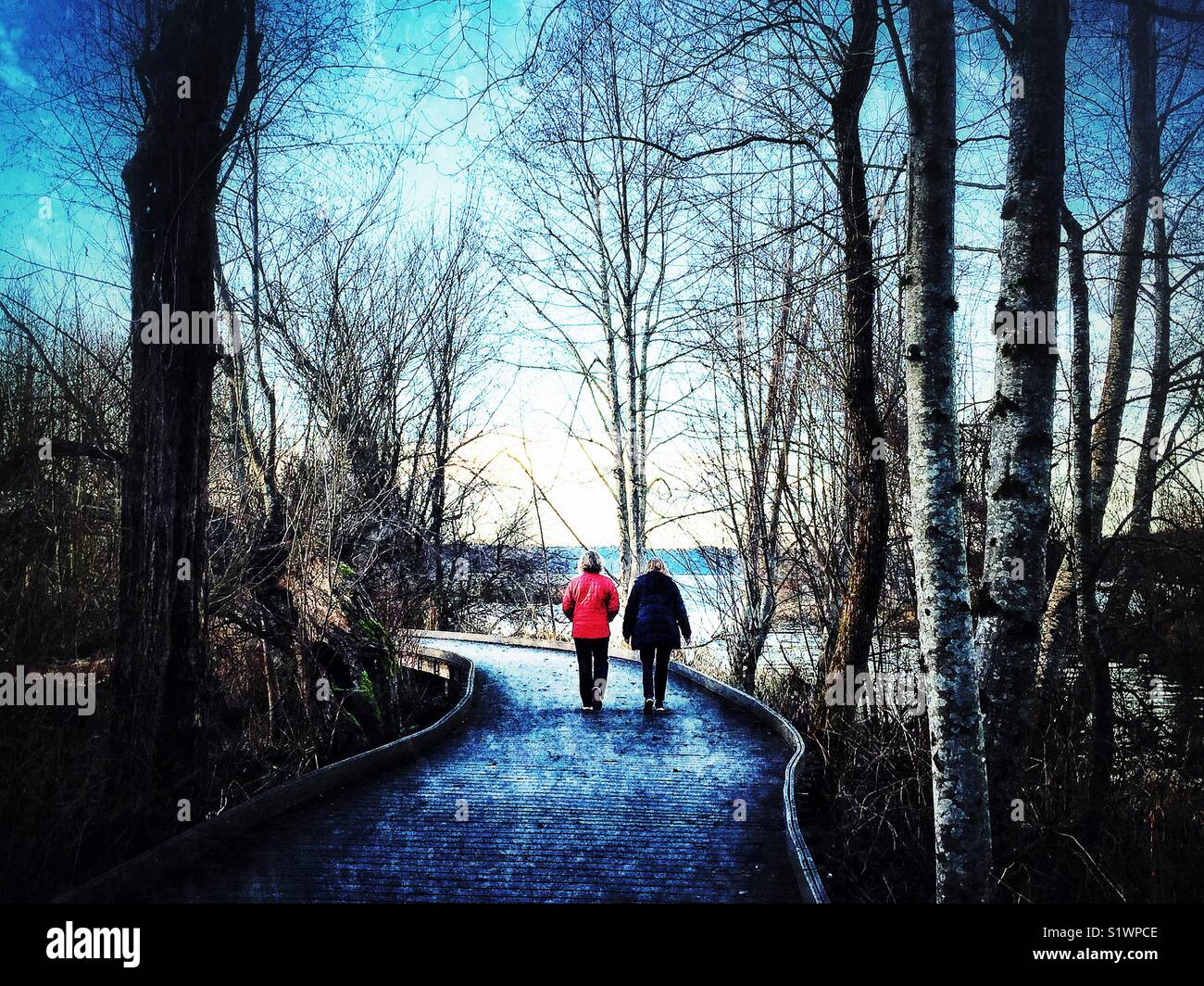 Due donne a piedi su un percorso verso il lago Sammamish, Issaquah, nello stato di Washington Foto Stock