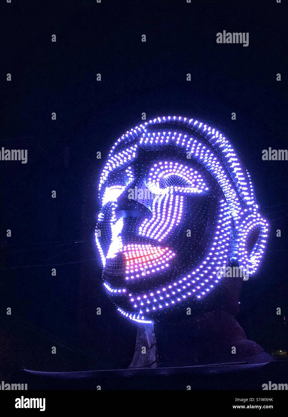 La scultura di luce di una testa visualizzato a Toronto Light Festival. - Immagine stock catturata con smartphone