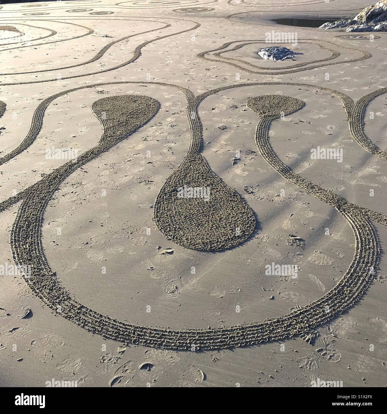 I disegni sulla spiaggia rastrellata sabbia rende per disegni di fantasia tra le maree, Bandon, Oregon Foto Stock