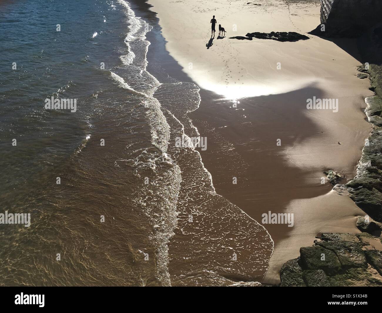 Cane e proprietario dal mare, Cascais, Portogallo. - Immagine stock catturata con smartphone