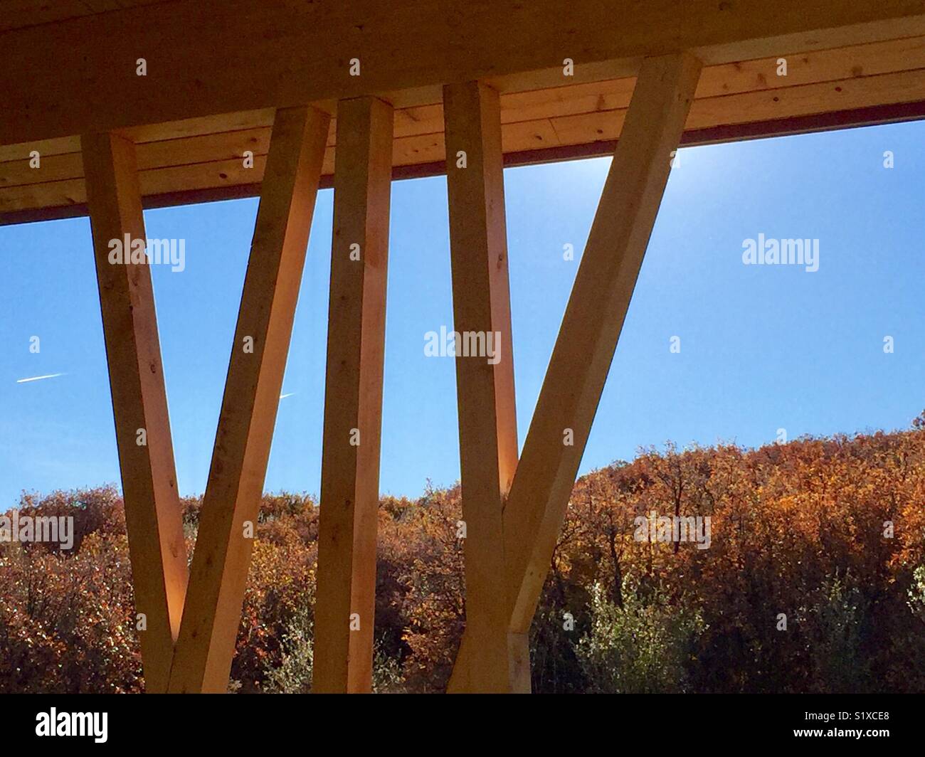 Legno architettura di incorniciamento esterno su edificio nel parco regionale Foto Stock