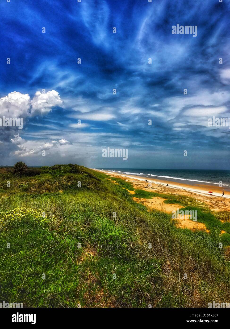 Un bel giorno di estate in spiaggia; la vista dalla cima delle dune; Sud Ponte Vedra Beach, Florida - Immagine stock catturata con smartphone