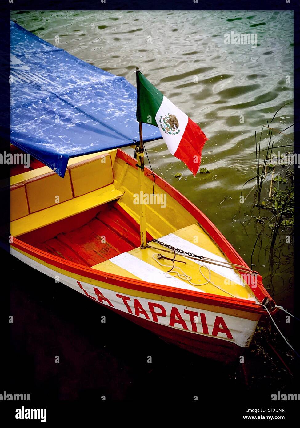 Una colorata barca attende i passeggeri sul Messico di lago Chapala. Foto Stock