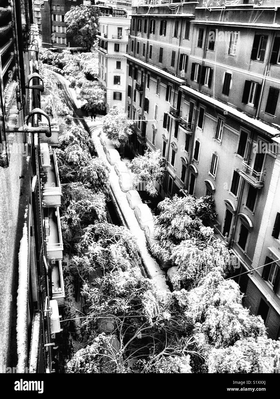Rare le nevicate a causa di artico pressione bassa copre una strada nella periferia del Policlinico, Roma, Italia. Febbraio 2018 - Immagine stock catturata con smartphone