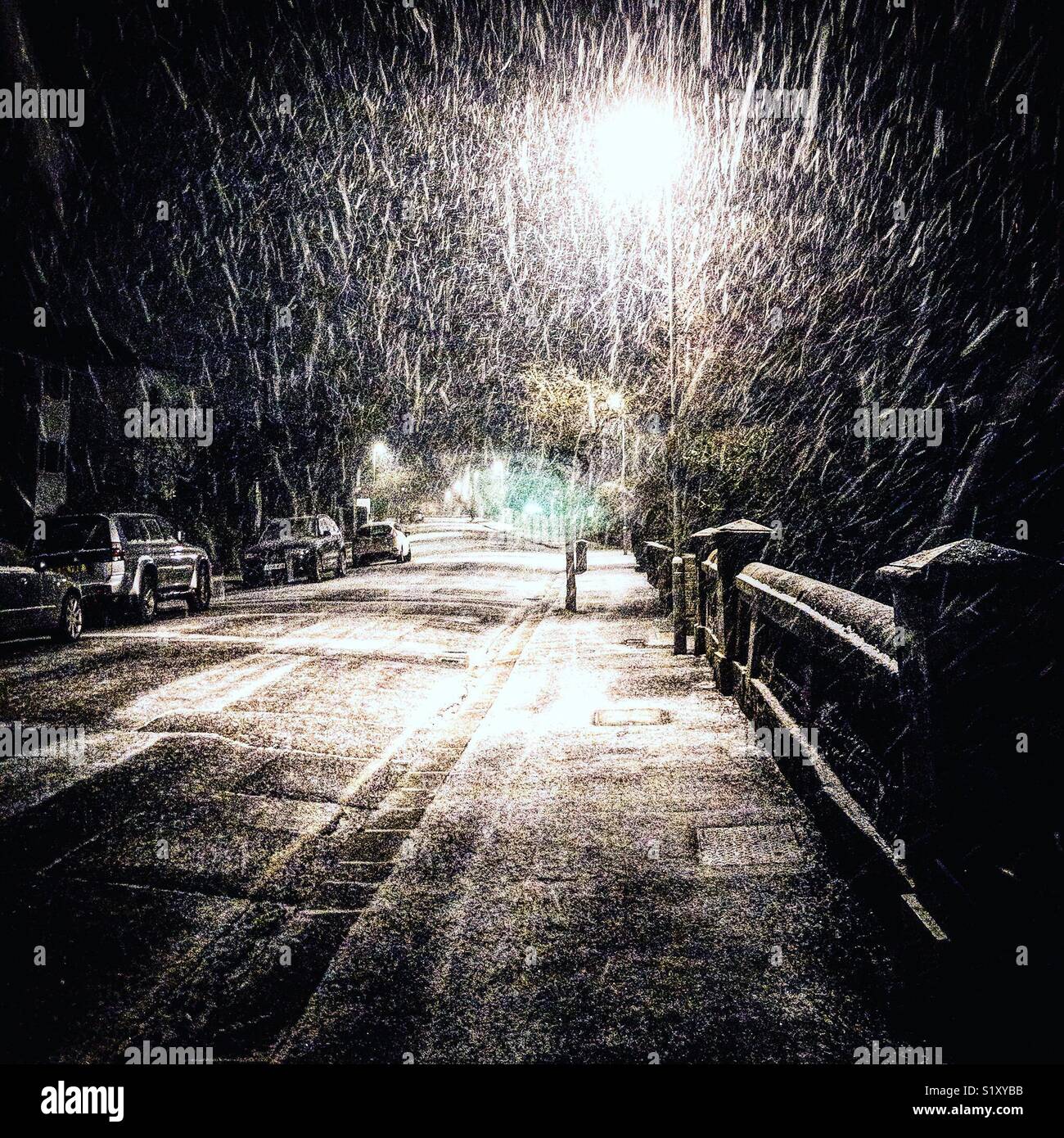 La neve cade passato un lampione di notte su una strada tranquilla Foto Stock