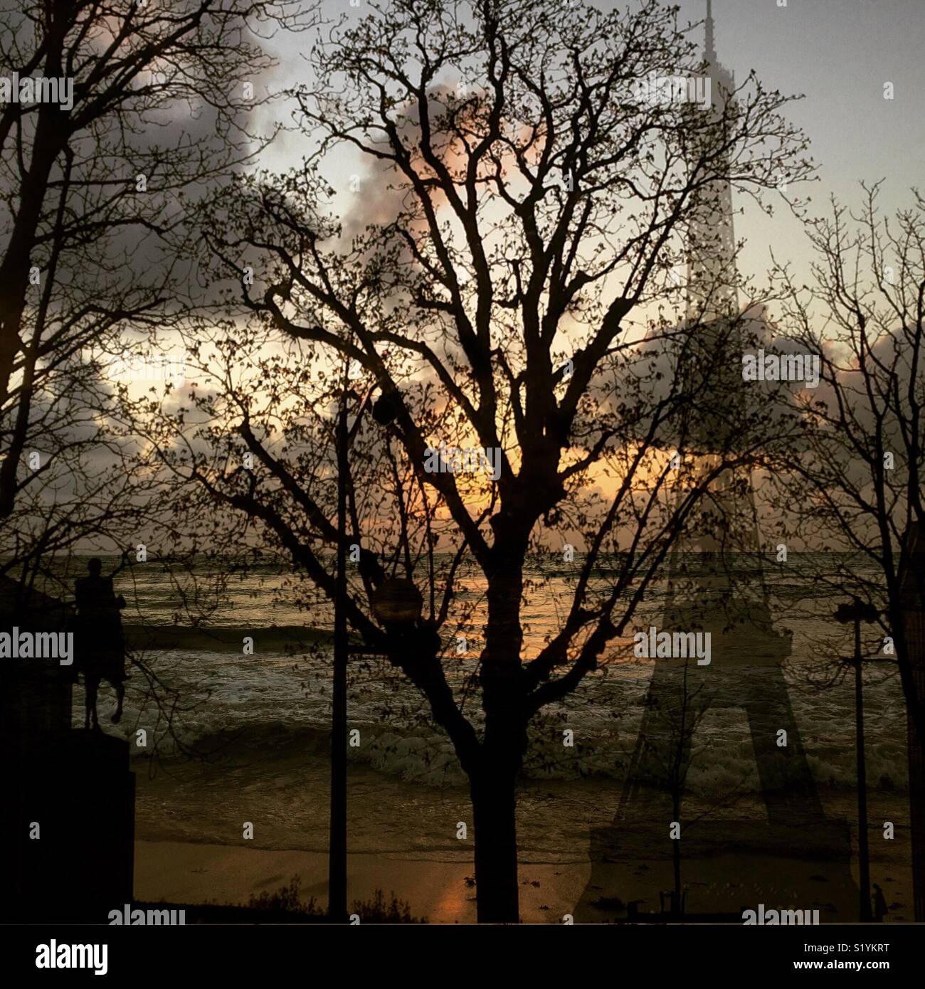 La Torre Eiffel attraverso gli alberi al tramonto Foto Stock